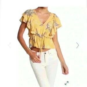 Hiatus Women’s Ruffle Layer Mustard Floral Crop Top Size Small